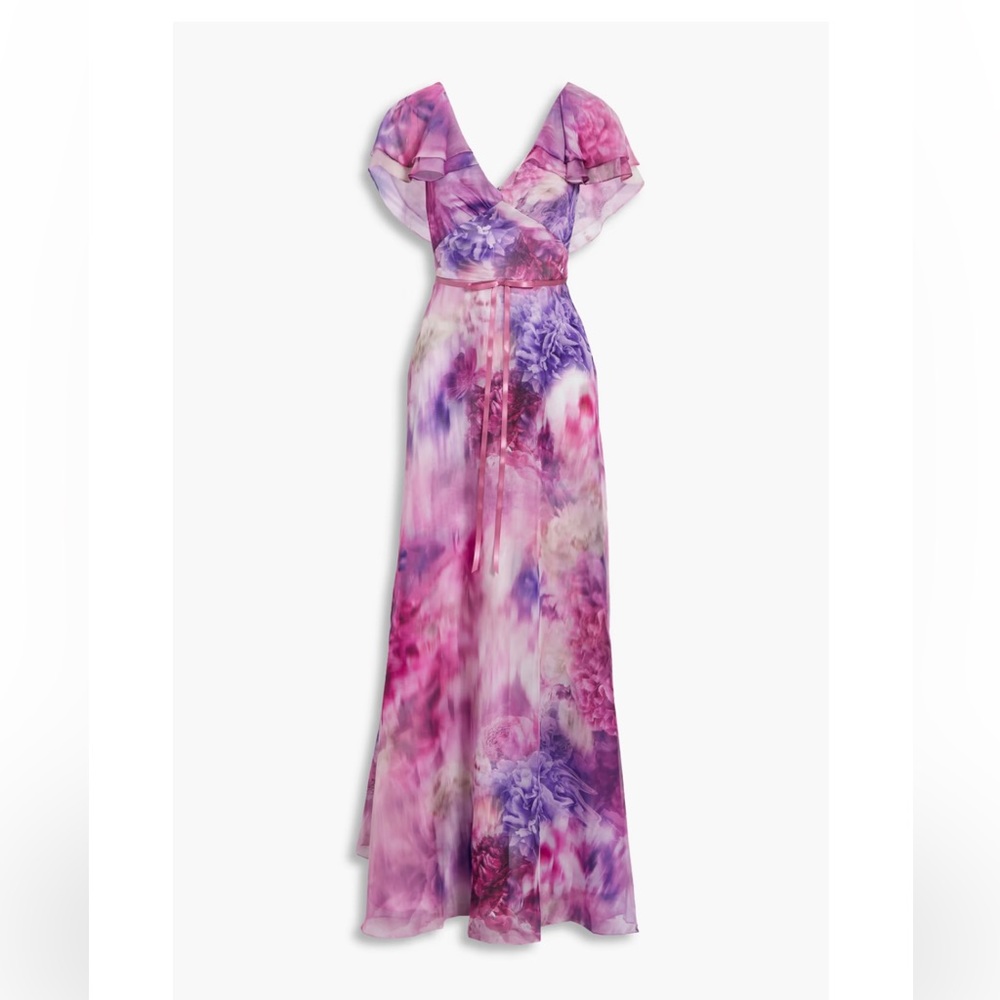 Floral Watercolor Pink & Purple Maxi Dress with V-Neck